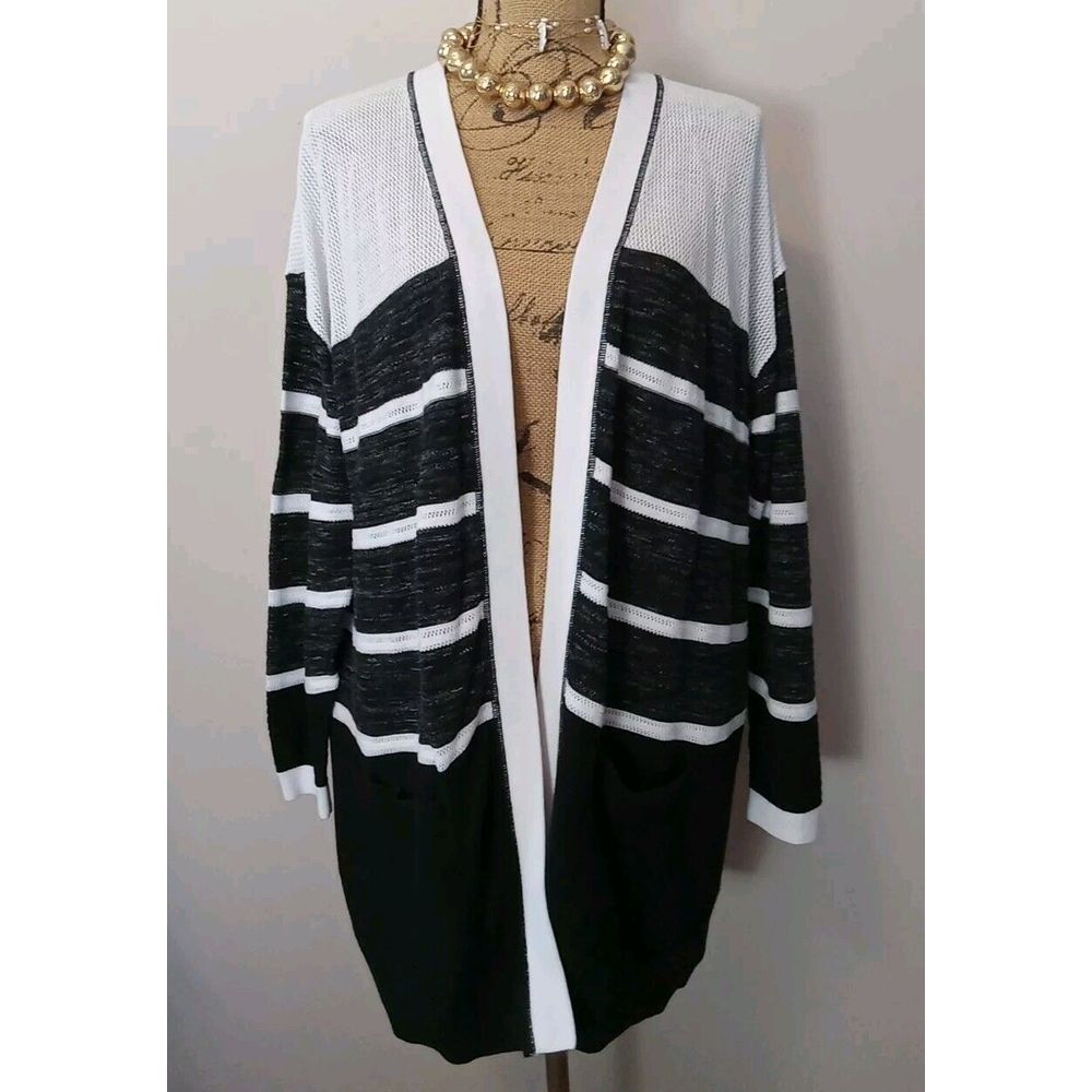 t by talbots Women Black White Open Knit Cardigan Size Xlarge Petite